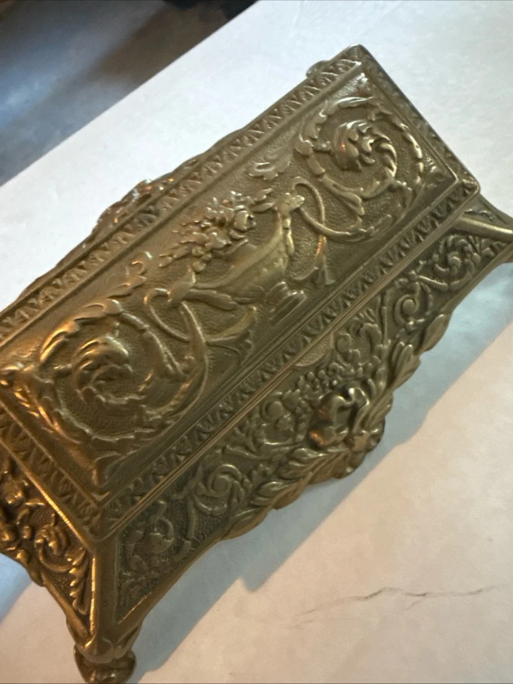 Antique Brass Stamp Box Desk Top Art Nouveau Decoration 5.5” Long ,3 1/4” Wide